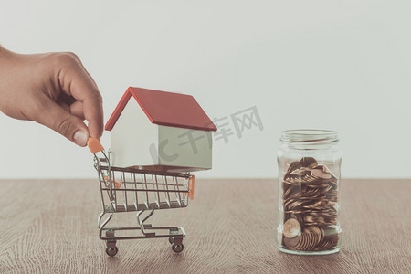 cropped image of man holding small supermarket cart with house, saving concept