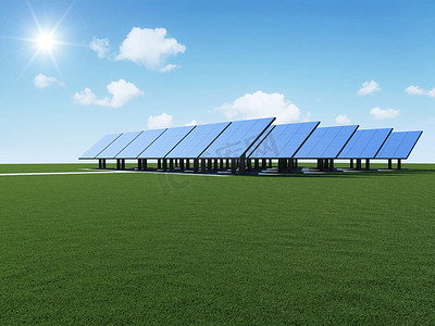 solar摄影照片_Modern Solar Panels on beautiful green grass with sun and clouds. Alternative Energy Concept