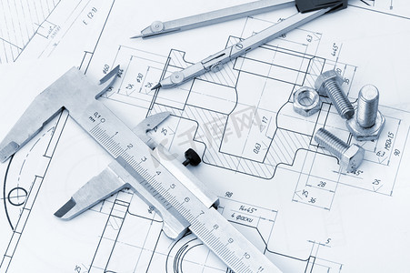 工业螺丝摄影照片_计划工业详细信息、 螺丝、 卡尺、 分隔线。一张照片