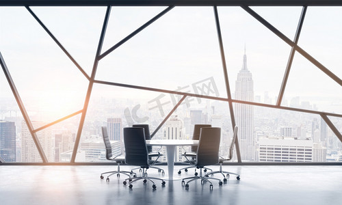 legal摄影照片_A meeting room in a bright contemporary panoramic office space with New York city view. The concept of highly professional financial or legal services. 3D rendering. Toned image.