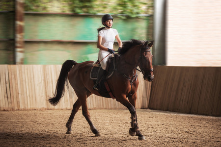 女子骑马摄影照片_场内骑马奔跑的年轻女子