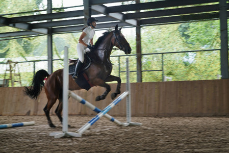 障碍训练场摄影照片_骑马跳障碍栏的年轻女子