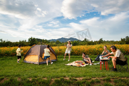 蓝天垫子摄影照片_欢乐家庭在郊外野餐