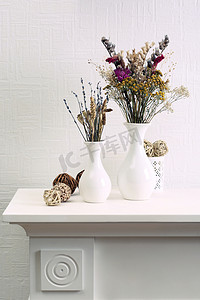 dried摄影照片_Composition of dried flowers on white wall background