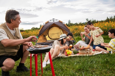 草地视频摄影照片_快乐家庭在郊外烧烤野餐