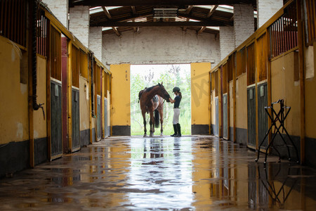动物马人物摄影照片_畜舍门口的青年女人和马