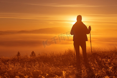 与一个女孩剪影体育泅渡极在晨雾与一个忠实的朋友，一只狗。景观组成，山脉背景与日出.