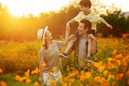爸妈幸福儿女幸福摄影照片_幸福的一家三口站在花丛中