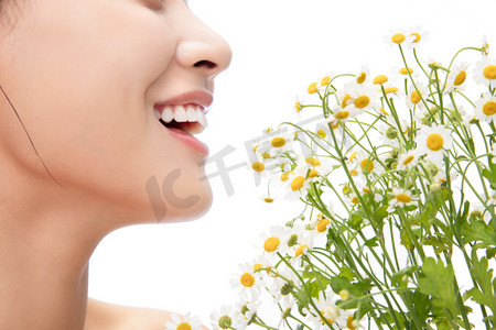 一枝花朵摄影照片_洋甘菊和漂亮女人的嘴部特写