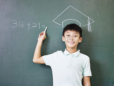 剪影博士帽摄影照片_站在粉笔绘制的博士帽下的亚洲小学男生