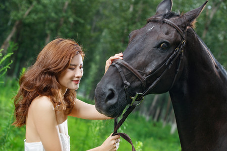 户外漂亮的年轻女人抚摸着马