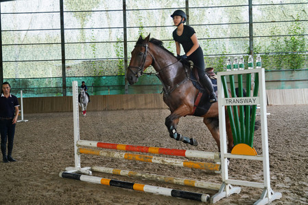 女子骑马摄影照片_骑马跳障碍栏的年轻女子