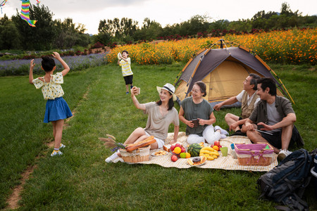 草地视频摄影照片_快乐的一家人在郊外野餐