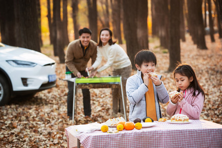 烧烤男孩摄影照片_秋天幸福家庭在户外烧烤野餐