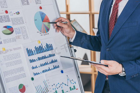 cropped view of businessman in formal wear analyzing infographics on flipchart