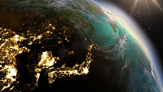 行星地球东亚区使用美国国家航空航天局的卫星图像