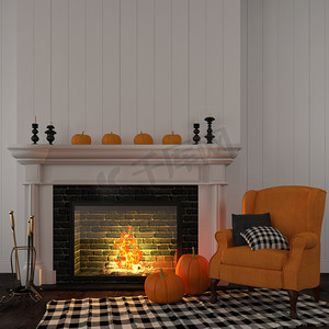 壁炉壁炉摄影照片_复古橙色扶手椅靠近壁炉