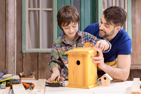 planks摄影照片_Father and son making birdhouse 