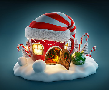 砖头房房子摄影照片_令人惊奇童话房子在 elf 帽子在圣诞节装饰在打开的门与壁炉里面的茶杯子的形状。不寻常的圣诞图.
