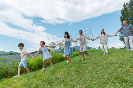 在草地上手牵手散步的幸福家庭