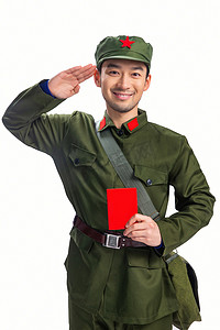 红色军人背景摄影照片_穿军装的青年男人