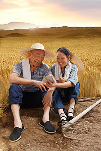 农民夫妇在麦田里用手机视频