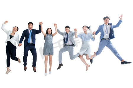 商务人像团队套图摄影照片_手牵手跳跃的商务人士