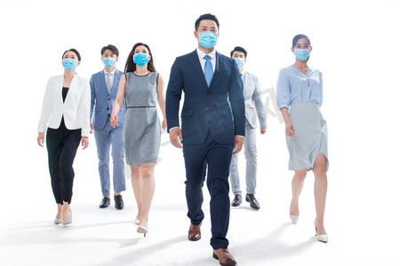 流感病毒摄影照片_戴口罩的商务团队