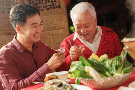 喝酒人物摄影照片_幸福父子吃年夜饭喝酒