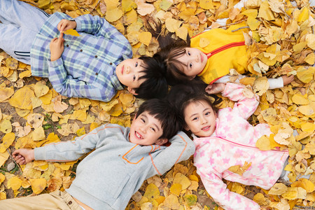 8落叶摄影照片_可爱的小朋友们躺在草地上玩耍