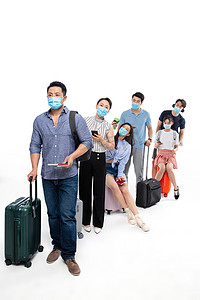 防疫生活摄影照片_戴口罩排队等待疲惫的旅客