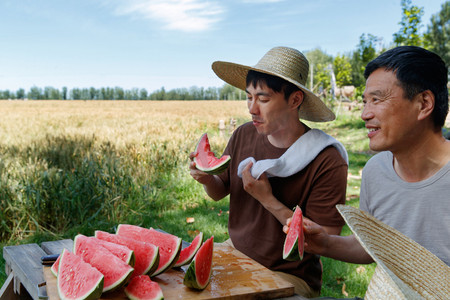 农民在田地旁休息吃西瓜