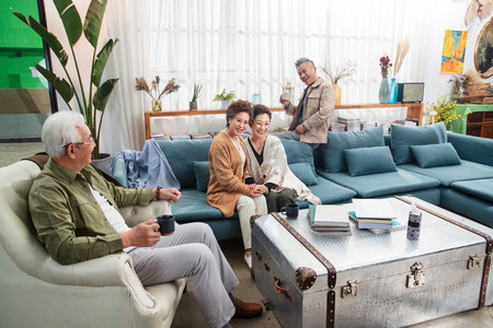 中老年闺蜜摄影照片_快乐的老年人坐在客厅喝茶聊天