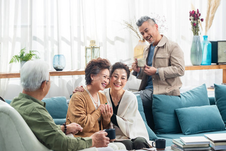 家庭聊天摄影照片_快乐的老年人们在客厅喝茶聊天