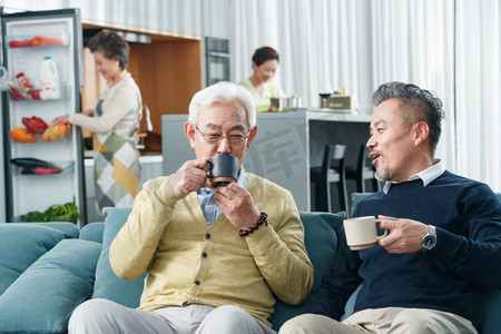 人物聚焦摄影照片_快乐的老哥俩喝茶聊天
