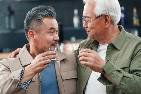 老年人喝酒摄影照片_快乐的老哥俩喝酒聊天