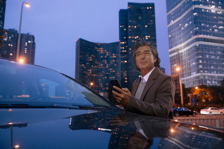 手机风景图摄影照片_商务男士站在汽车旁边