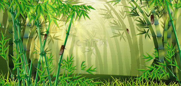 卡通夏日风景海报简约竹林浅绿色简约背景简约可爱动物长颈鹿绿色卡通