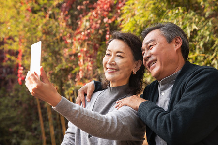 幸福生活摄影照片_老年夫妇在庭院使用手机