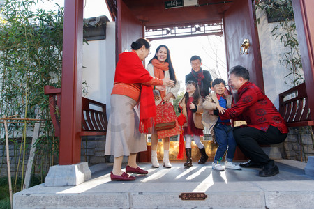 新年庙会摄影照片_幸福的祖孙三人逛庙会