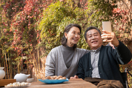 坚果手机摄影照片_老年夫妇在庭院使用手机