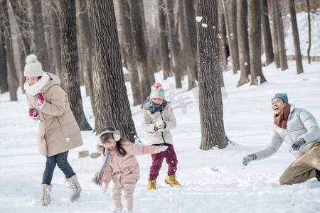 冬天雪景打雪仗摄影照片_雪地里打雪仗的快乐家庭