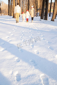 母亲背影摄影照片_快乐家庭在雪地里散步