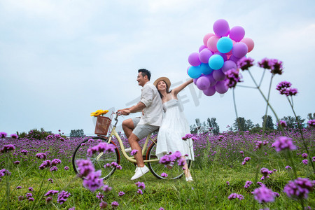 中国风连花摄影照片_浪漫夫妇在花海里骑车