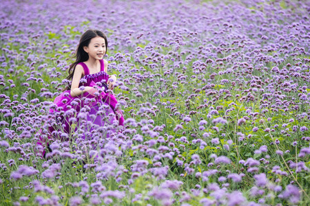 快乐的小女孩在花海里奔跑