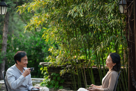 人多就心情不好摄影照片_老年夫妇坐在院子里喝茶