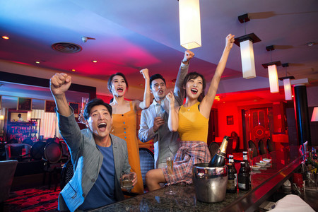 高举酒杯摄影照片_青年人在酒吧喝酒欢呼