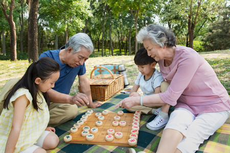 欢乐家庭在户外下象棋