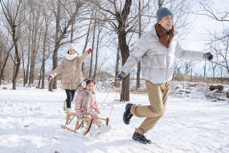 雪摄影照片_在雪地上玩雪橇的一家人