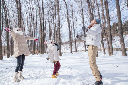 冬天雪景打雪仗摄影照片_打雪仗的快乐家庭